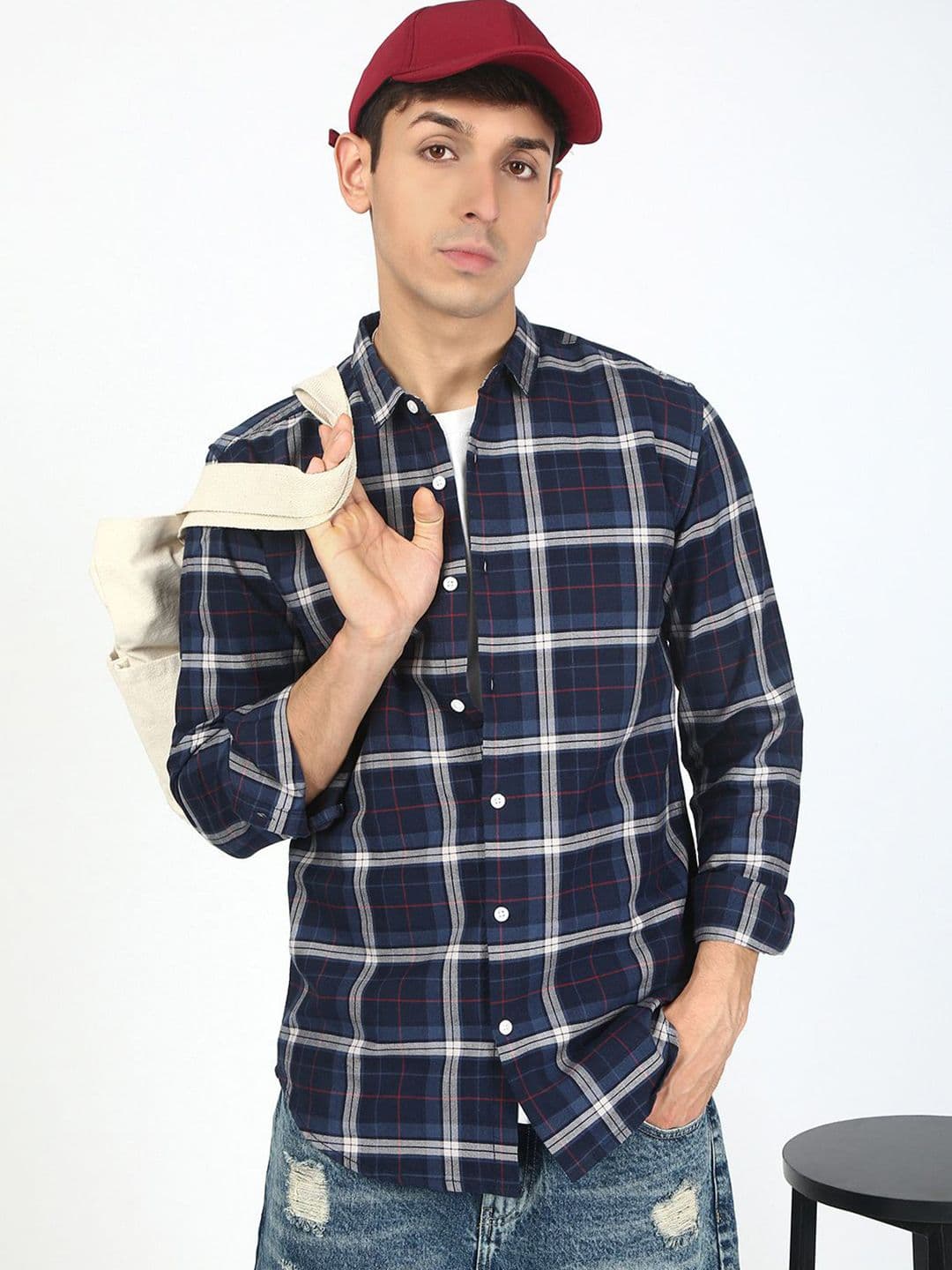 Bene Kleed Men Tartan Checked Spread Collar Cotton Casual Shirt - view 1