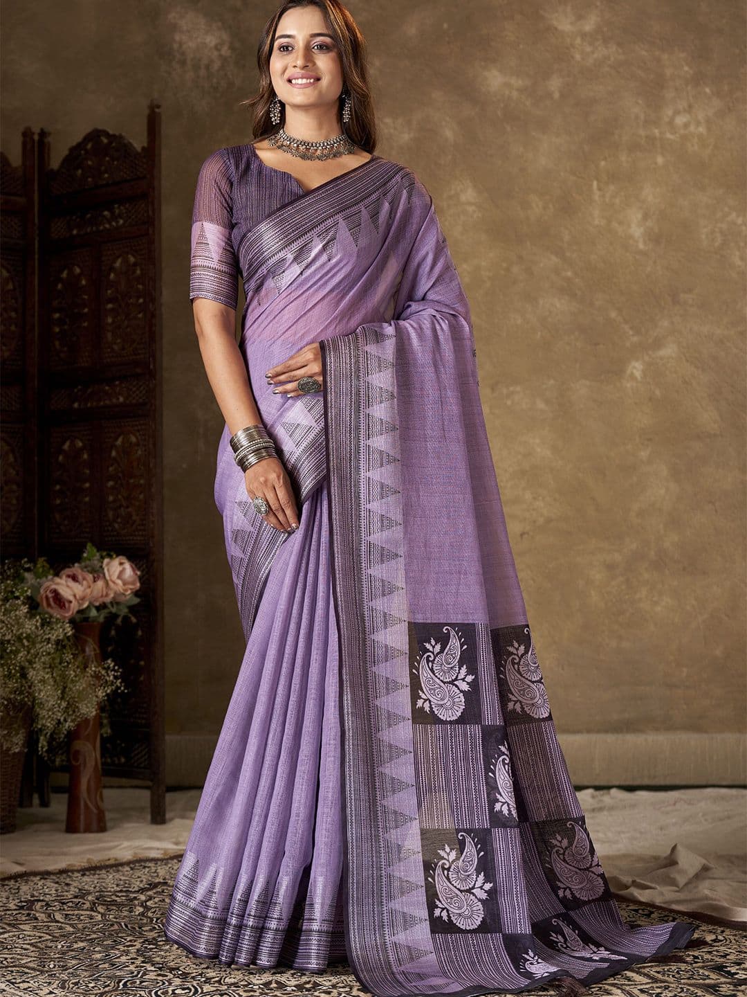 HERE&NOW Ethnic Motifs Pure Linen Block Print Saree - view 1