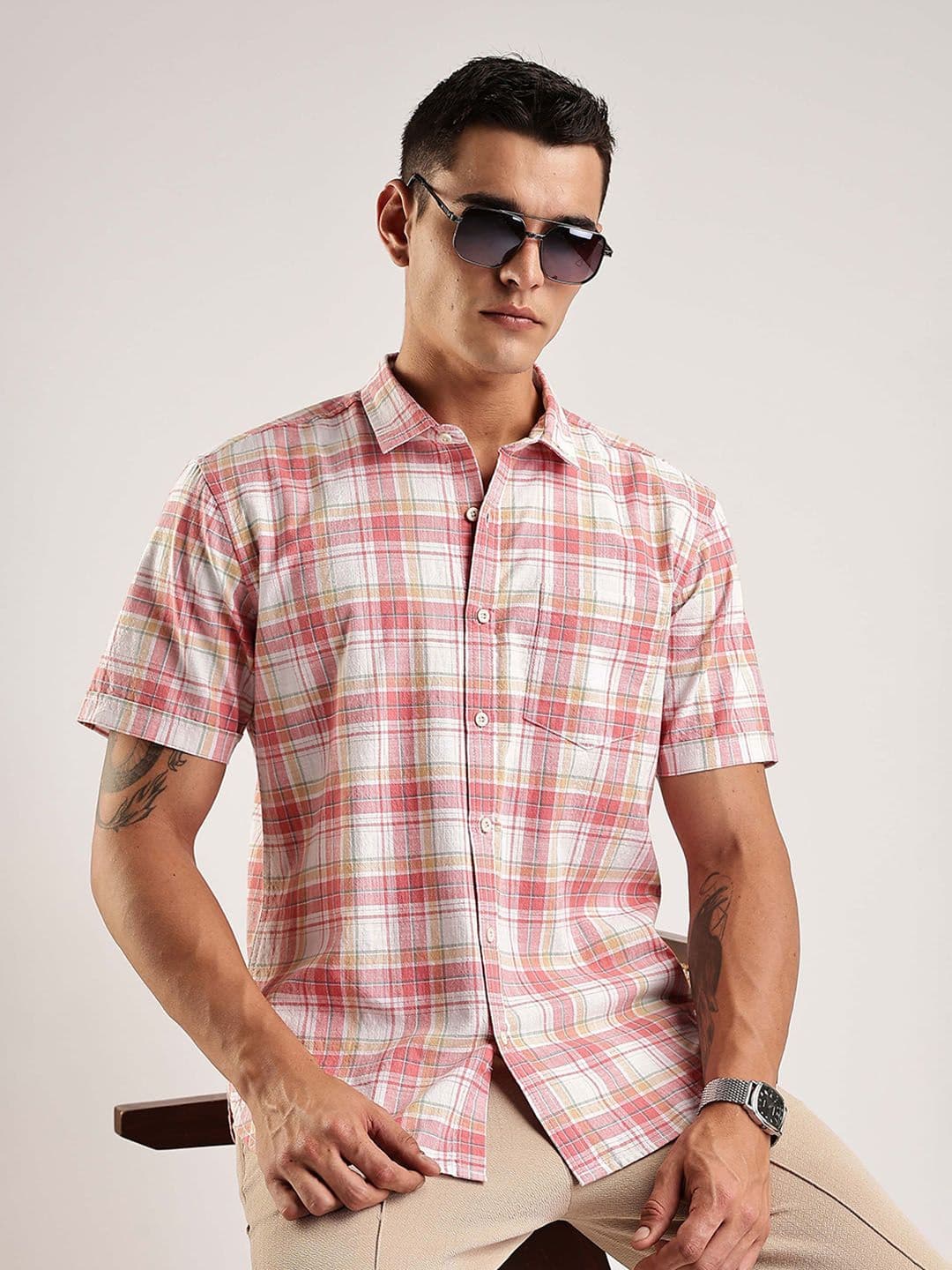 HERE&NOW Men Tartan Checked Spread Collar Cotton Casual Shirt - view 1