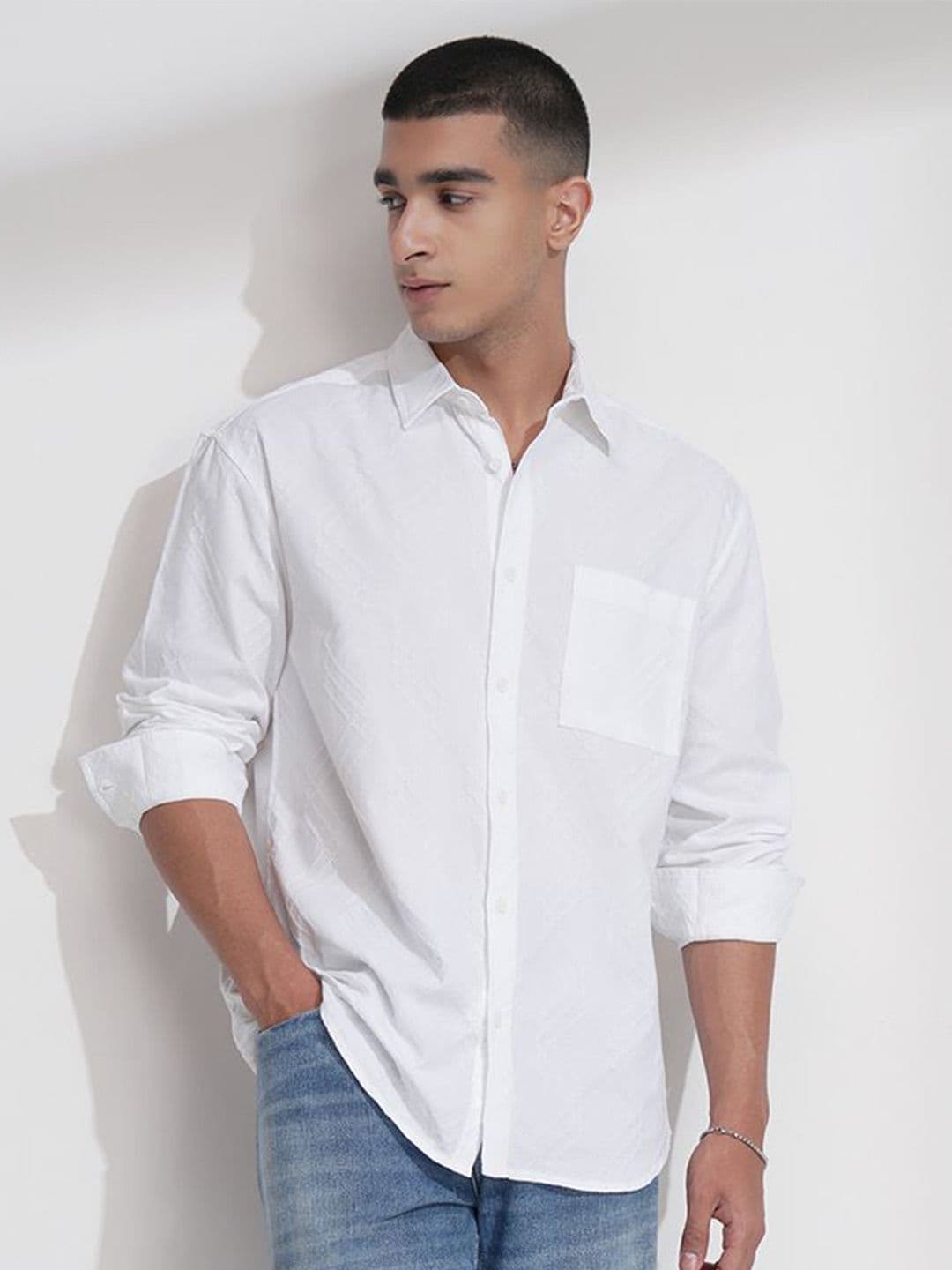 HIGHLANDER Men Comfort Relaxed Fit Textured Spread Collar Cotton Casual Shirt - view 1