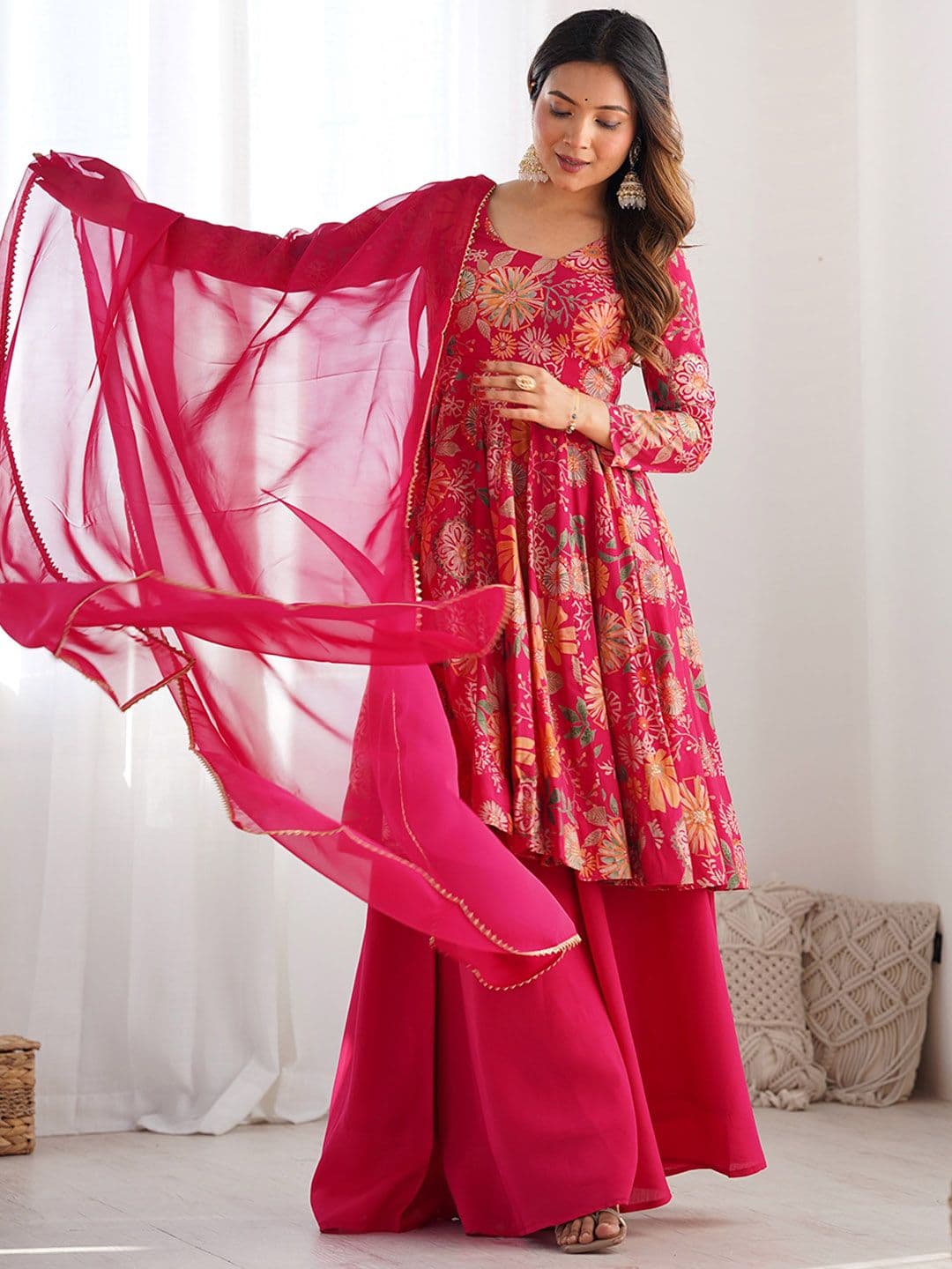 CULTISE QUEEN Floral Printed Empire Chanderi Silk Anarkali Kurta with Palazzos & Dupatta - view 1