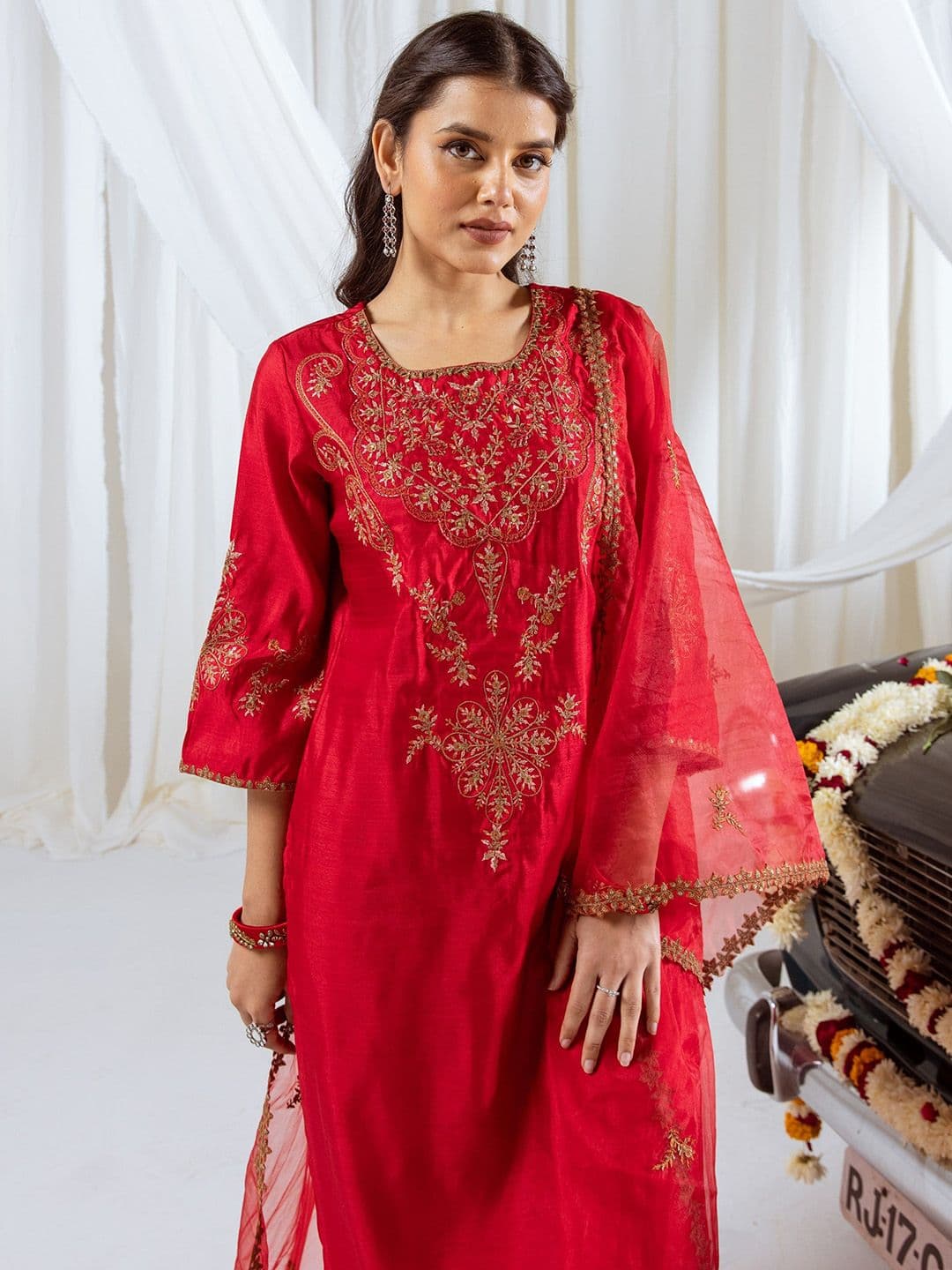 Sangria Floral Embroidered Sequinned Straight Kurta With Trousers & Dupatta - view 1