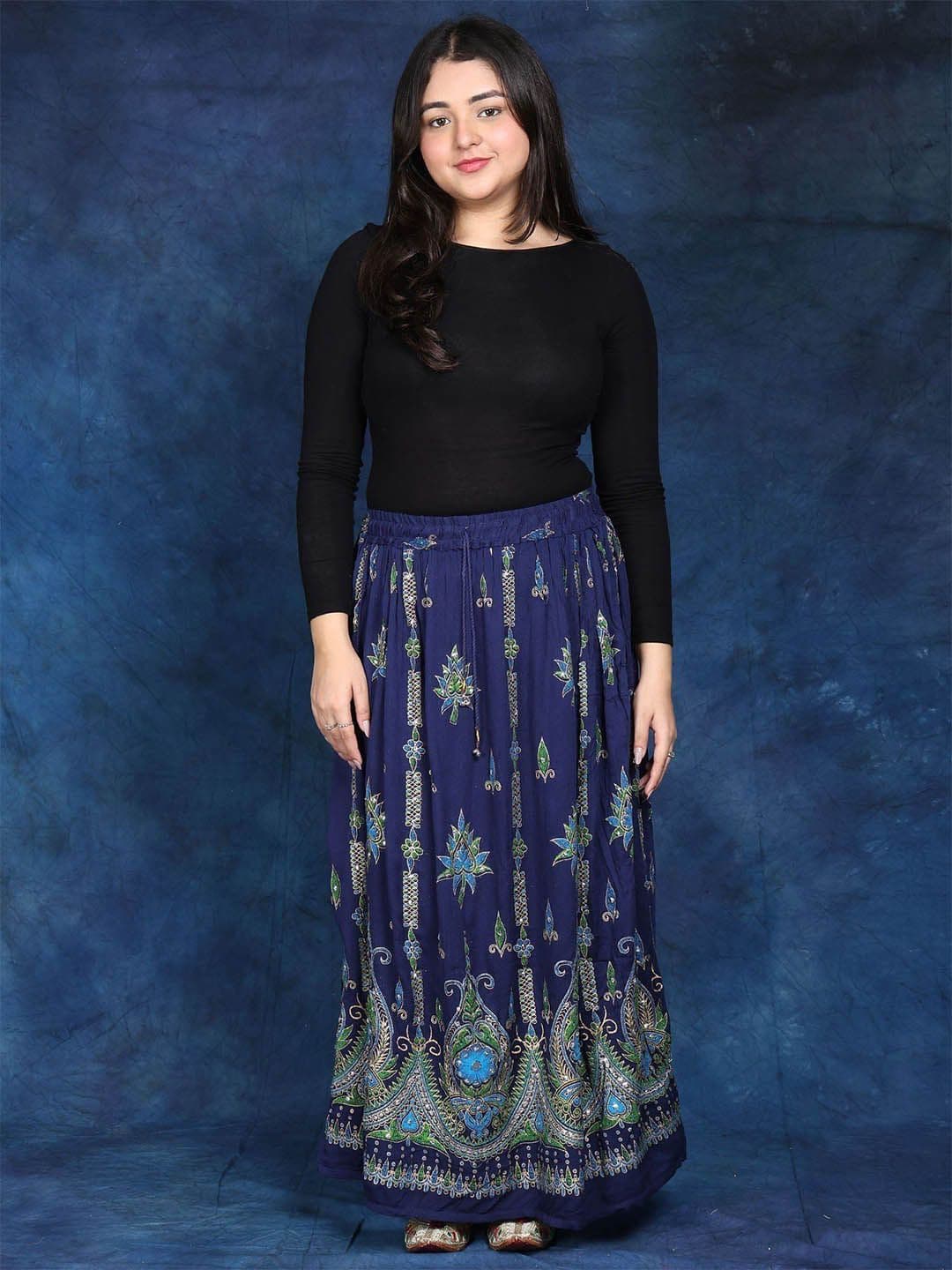 Exotic India Women Long Skirt With Printed Flowers & Embroidered Sequins - view 1