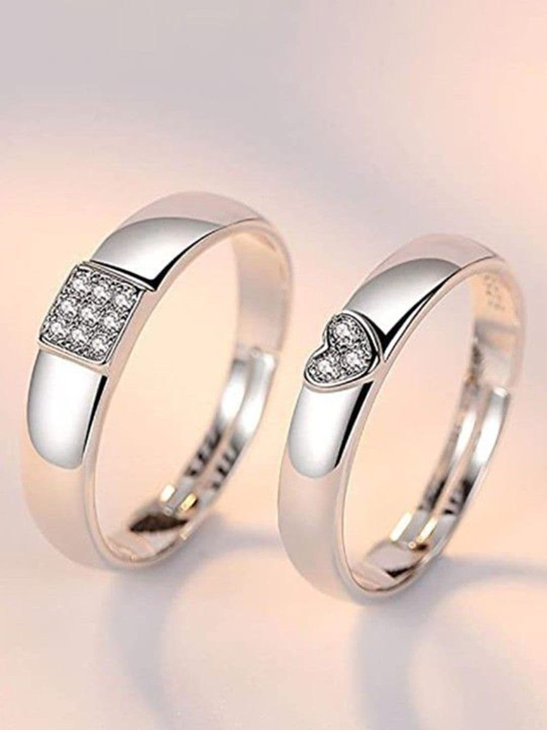 Ringzinnie Unisex Set Of 2 Silver Plated AD Studded Adjustable Couple Finger Rings