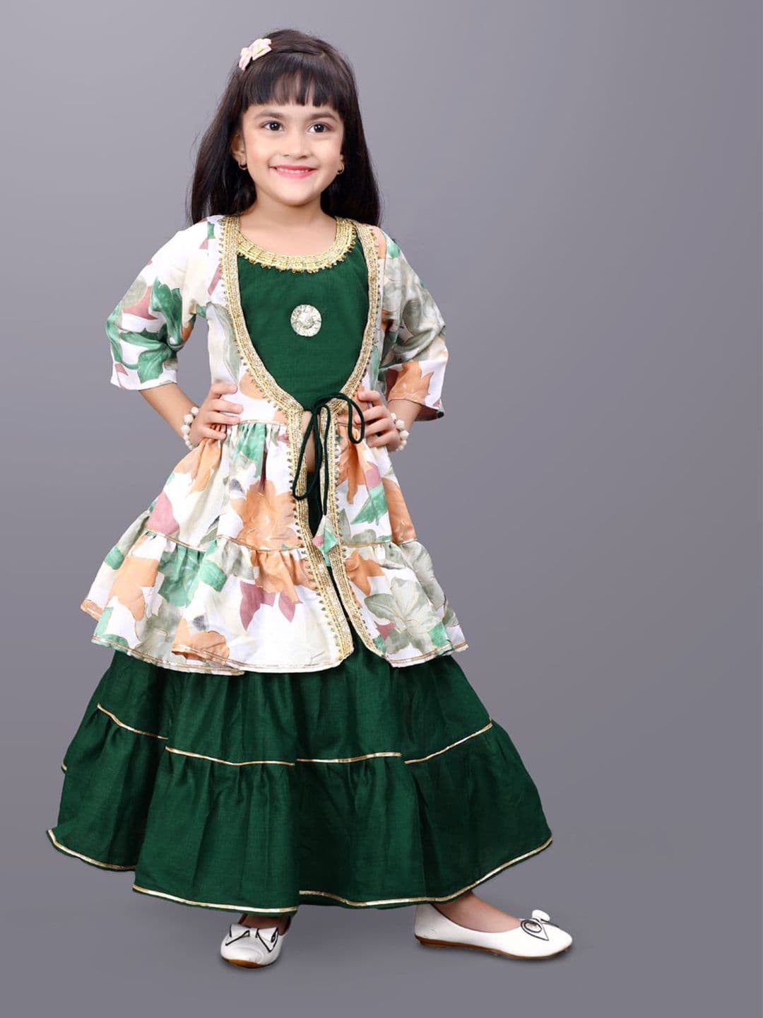 satyamfab Girls Printed Gotta Patti Work Ready to Wear Lehenga And Blouse With Shrug - view 1