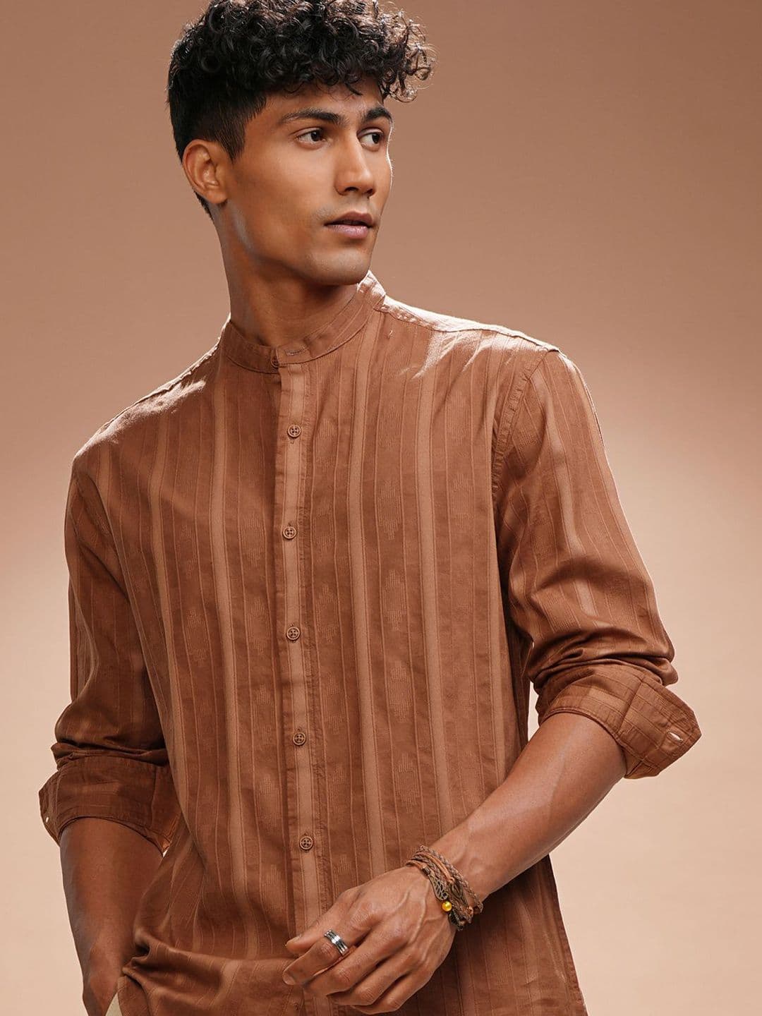 HIGHLANDER Men Comfort Relaxed Fit Band Collar Textured Cotton Casual Shirt - view 1
