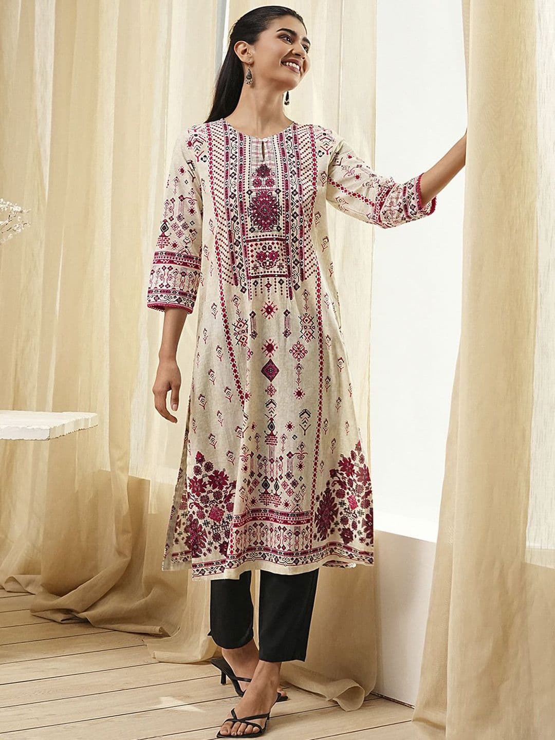 Biba Flotral Printed Thread Work Cotton A-Line Kurta - view 1