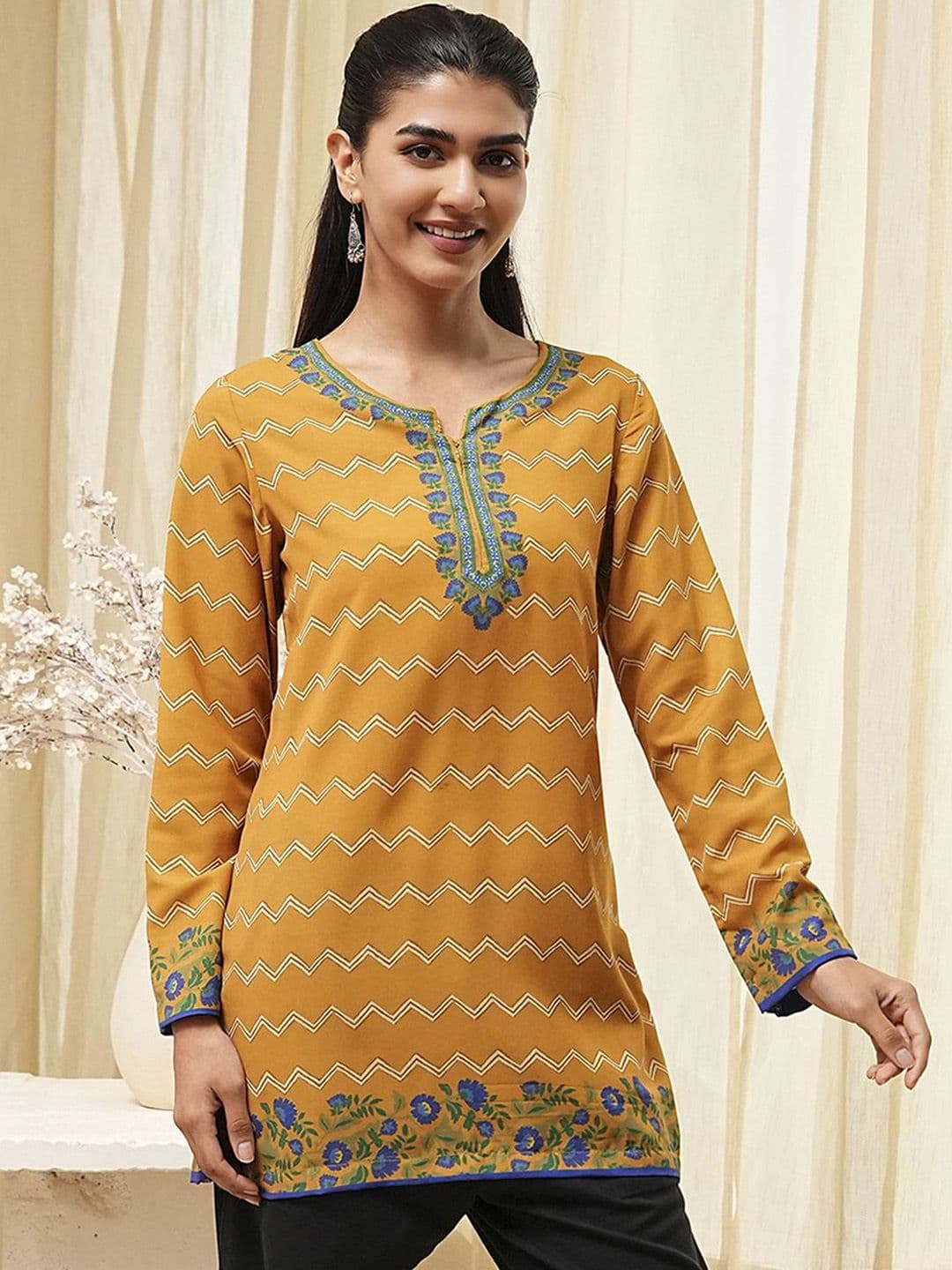 Biba Floral Printed Notch Neck Long Sleeves A-Line Kurta - view 1