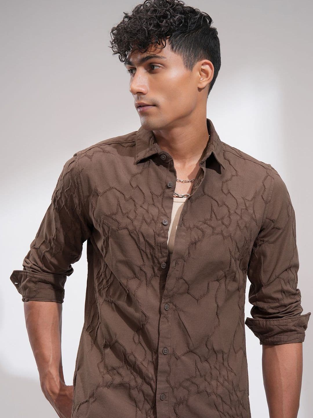 HIGHLANDER Men Comfort Slim Fit Spread Collar Textured Cotton Casual Shirt - view 1