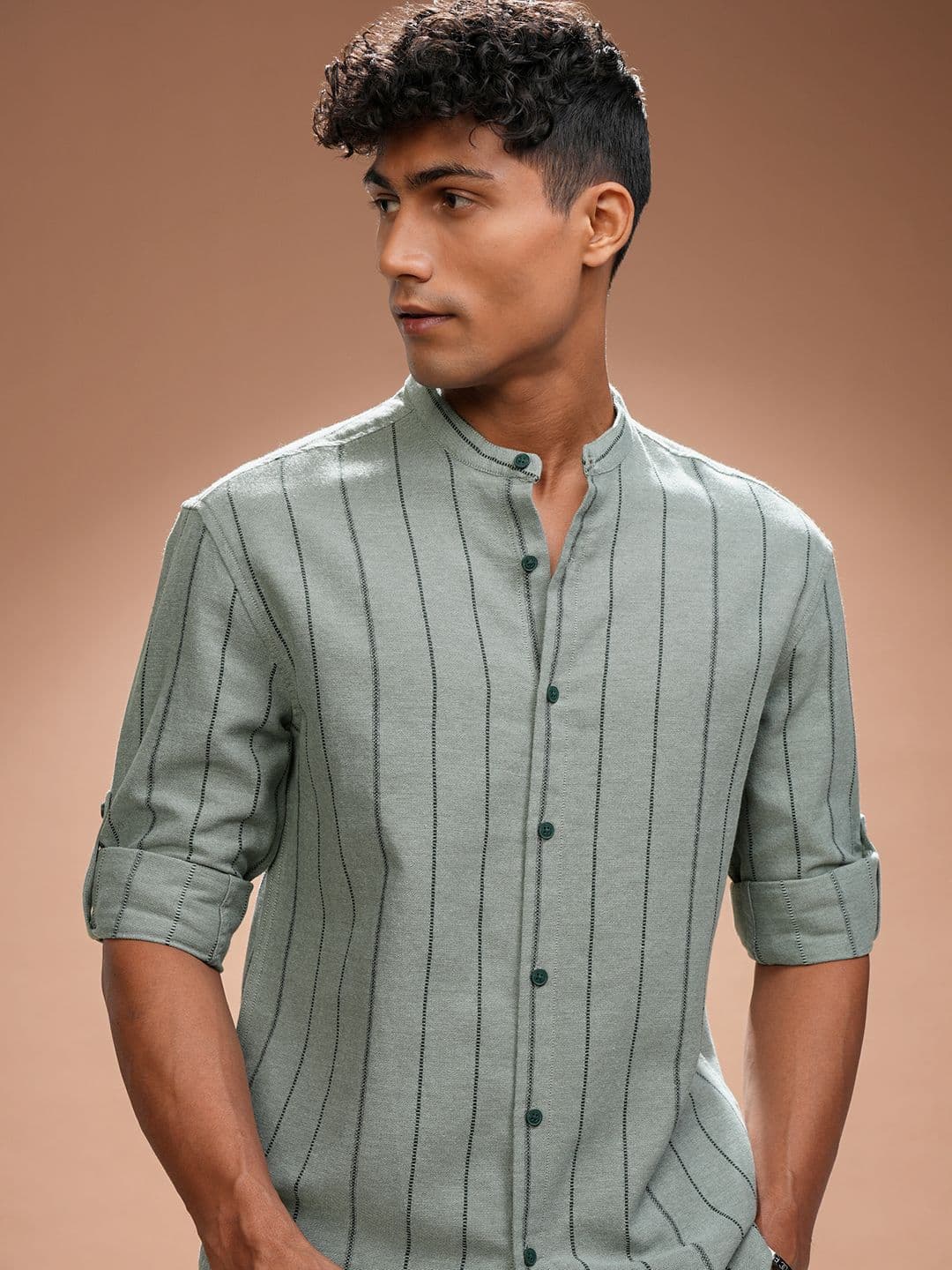HIGHLANDER Men Comfort Relaxed Fit Band Collar Vertical Striped Casual Shirt - view 1