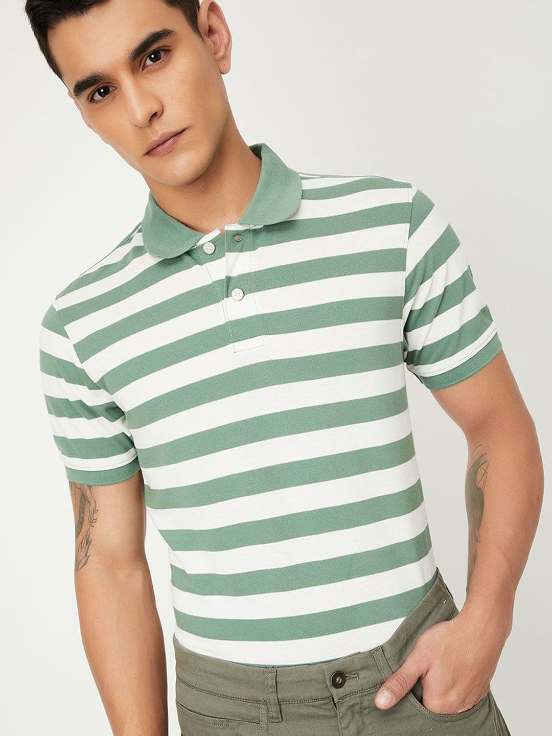 max Men Striped Henley Neck Pockets T-shirt