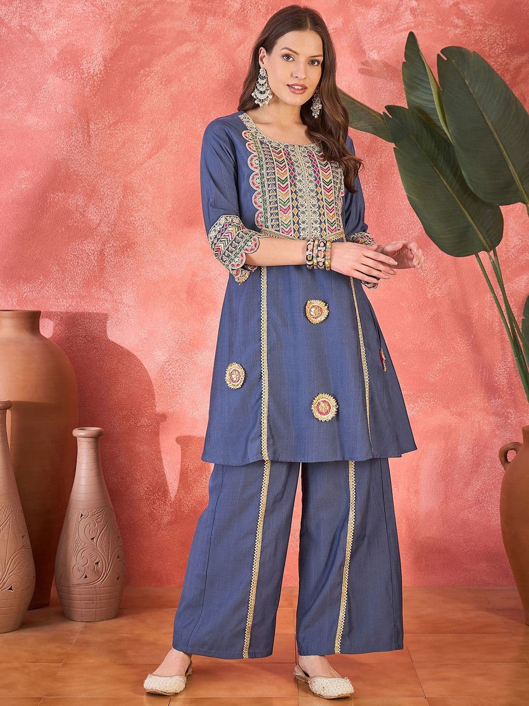 Sangria Floral Embroidered Round Neck Sequinned A-Line Kurta With Palazzos & Bag - view 1
