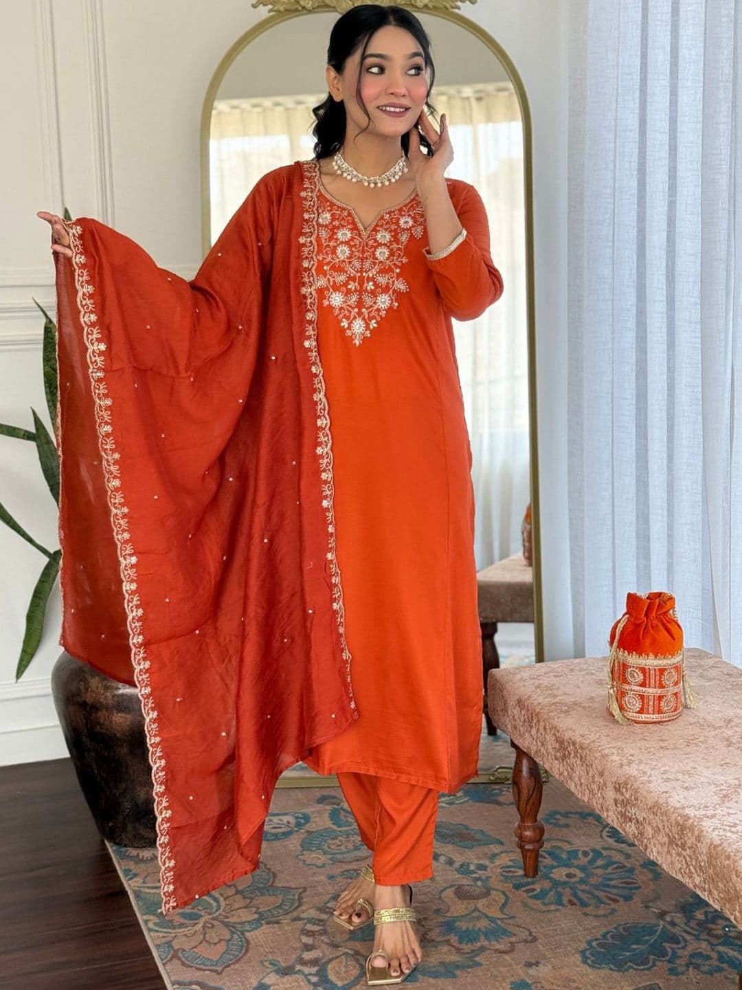 KALINI Floral Embroidered Notch Neck Kurta With Trousers & Dupatta - view 1