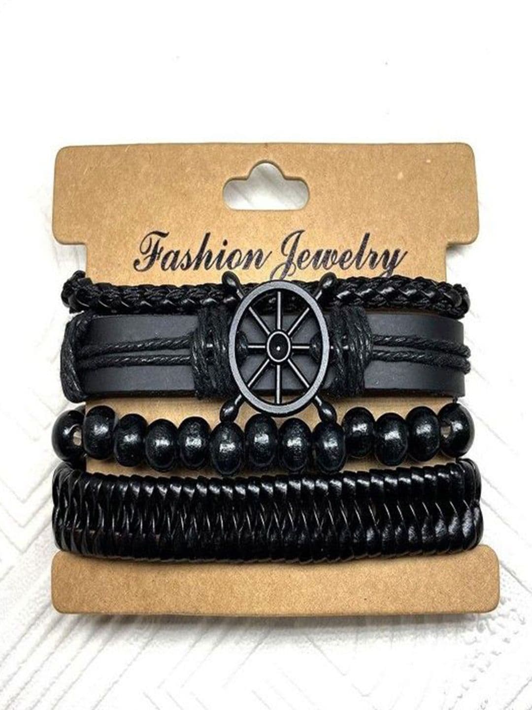 Ringzinnie Men Leather Artificial Beaded Wheel Wrap Layered Multistrand Bracelet - view 1