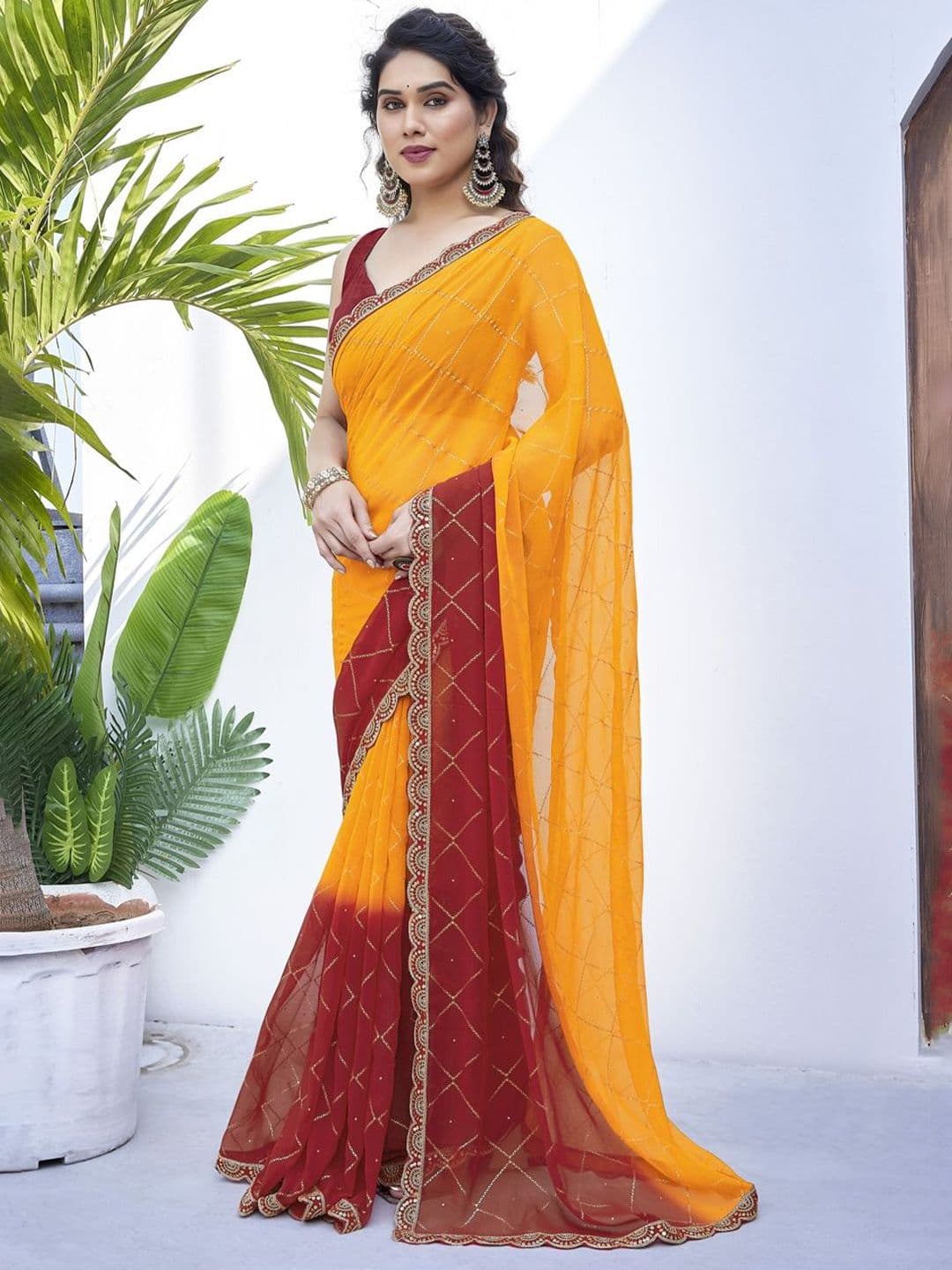 Subham Poly Georgette Geometric Printed Sequinned Saree - view 1