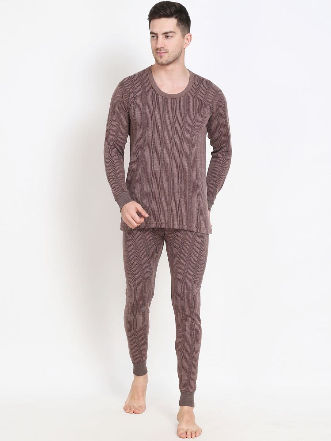 TOUCH WOOL Striped Cotton Round Neck Thermal Set - view 1