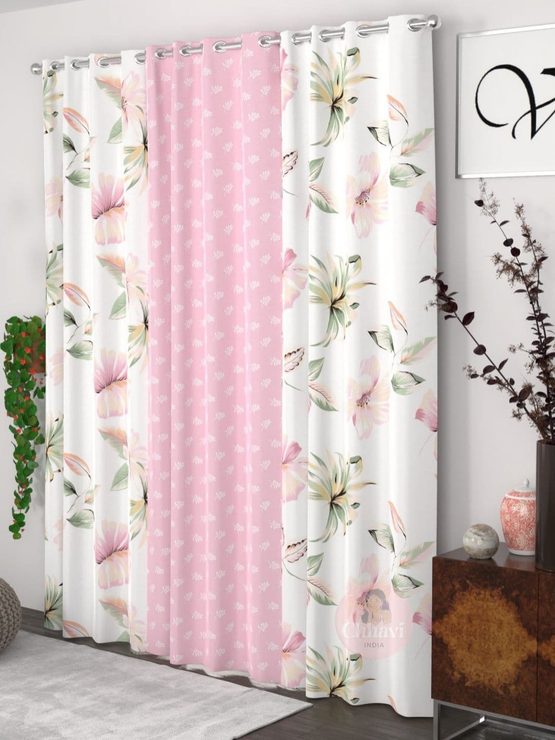 CHHAVI INDIA Pink & White 3 Pieces Floral Door Curtain - view 1