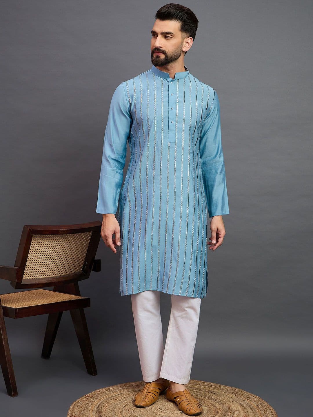 House of Pataudi Geometric Embroidered Sequinned Mandarin Collar Straight Kurtas - view 1