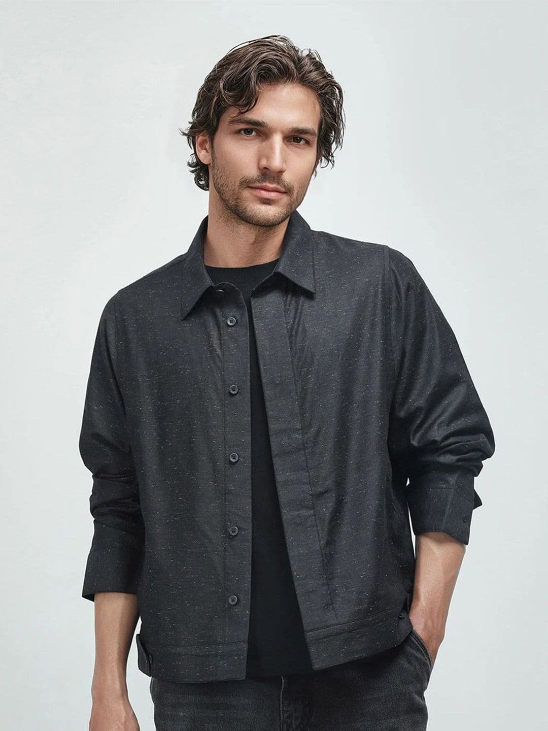 RARE RABBIT Men Black Relaxed Fit Plain Casual Shacket - view 1
