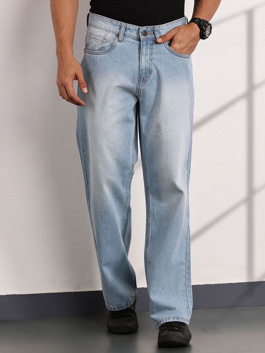 Thomas Scott Men Smart Mid Rise Baggy Fit Cotton Non Stretchable Jeans