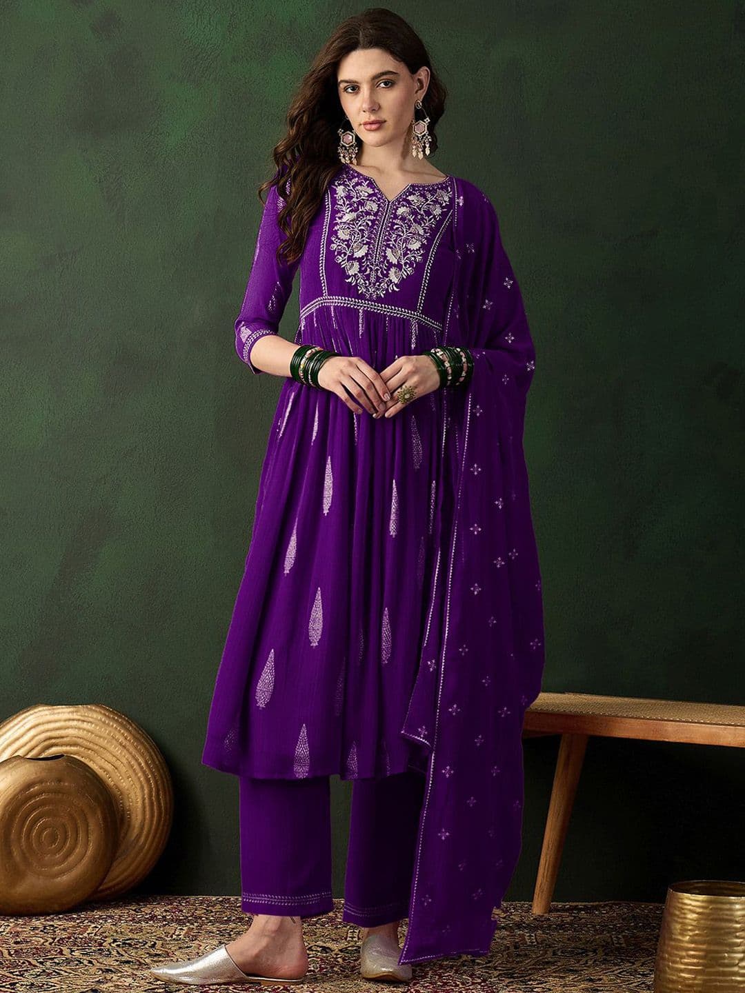 Sangria Zari Sequence Embroidered Naira Cut Kurta With Trousers & Dupatta - view 1