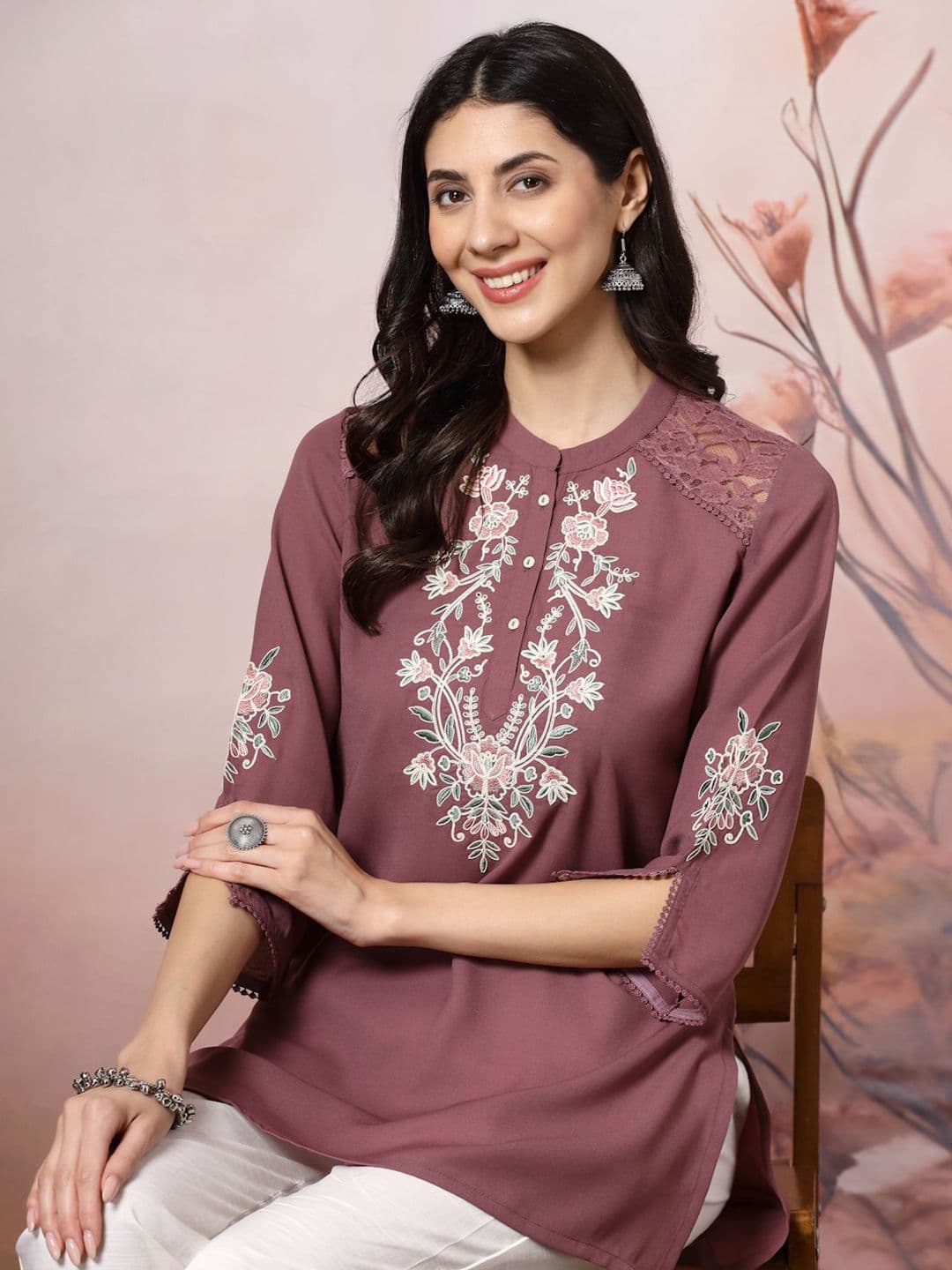 Nayam By Lakshita Women Solid Embroidered Straight Crepe Tunic - view 1