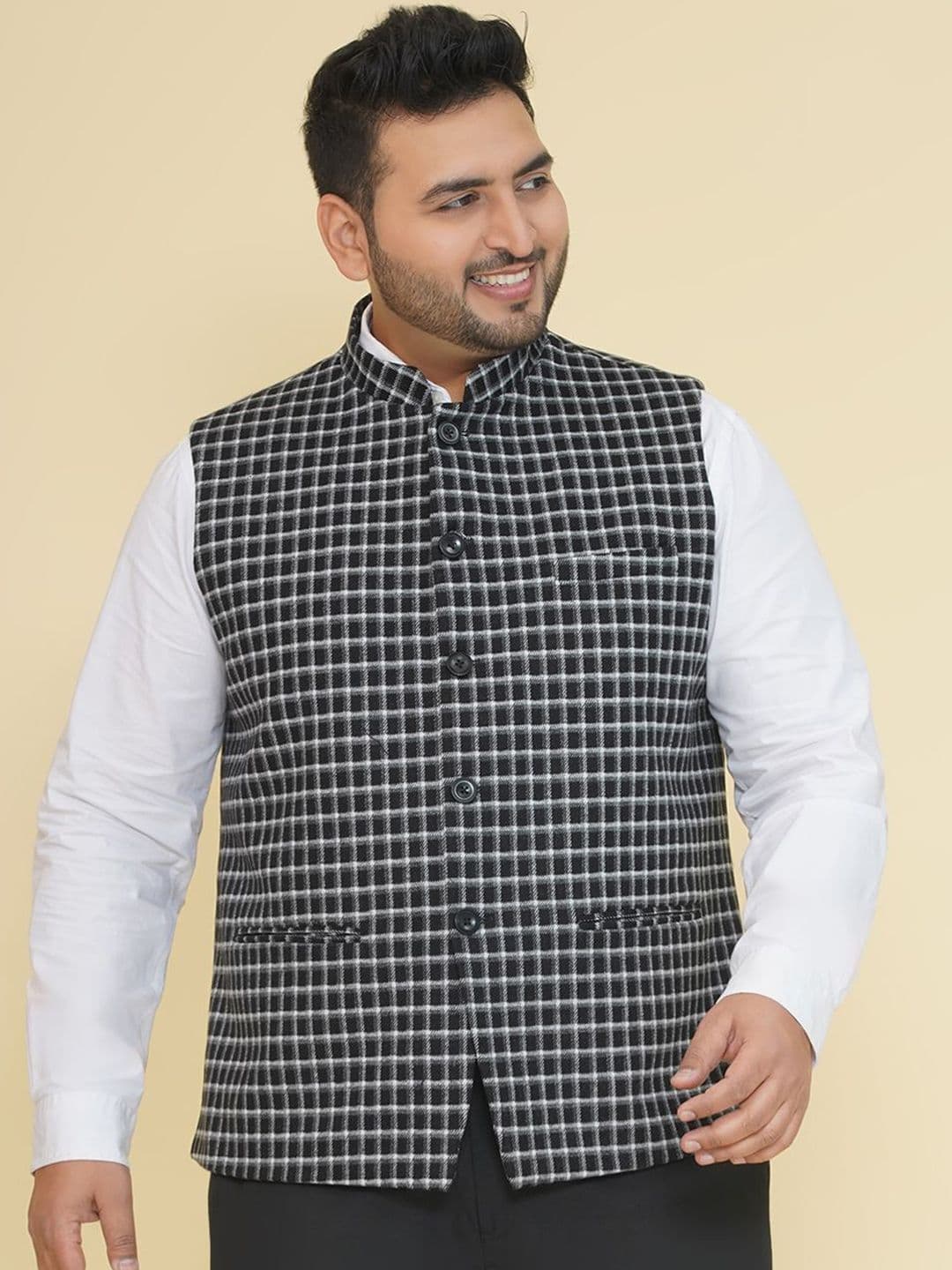 John Pride Checked Plus Size Nehru Jacket - view 1