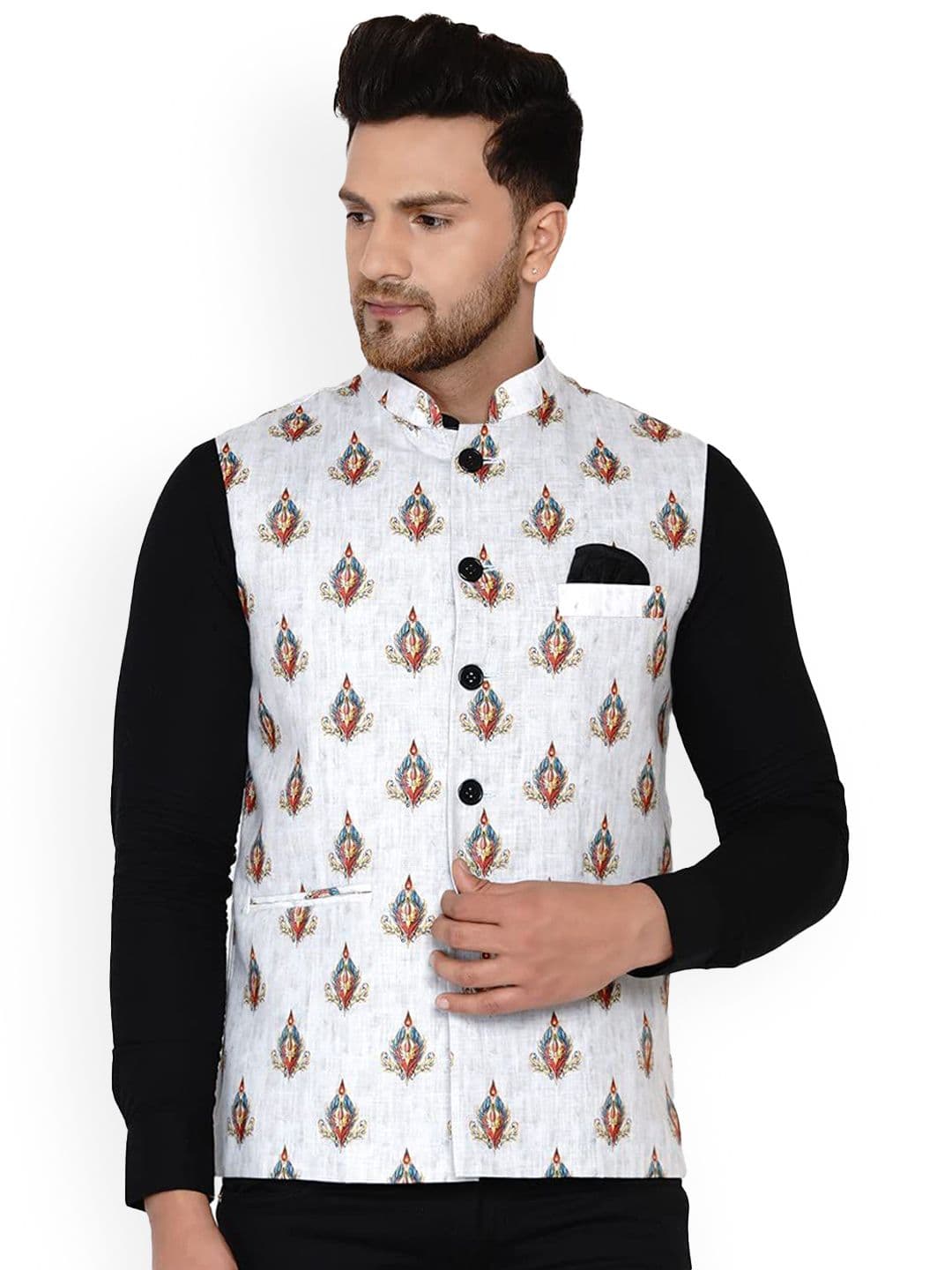 VEERA PARIDHAAN Pure Cotton Printed Mandarin Collar Nehru Jacket - view 1