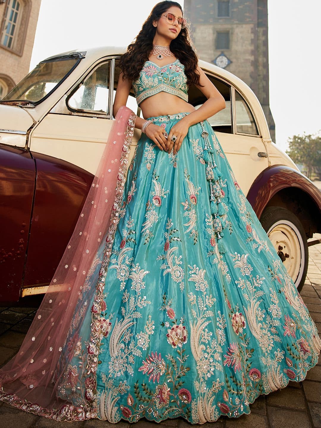 panchhi Sequinned Embroidered Beads And Stones Satin Lehenga Choli With Dupatta - view 1