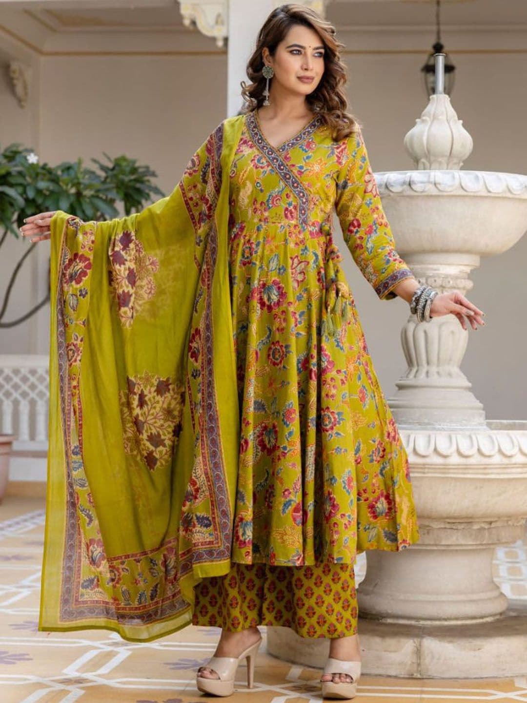 KALINI Women Floral Printed Angrakha Thread Work Kurta with Trousers & With Dupatta - view 1
