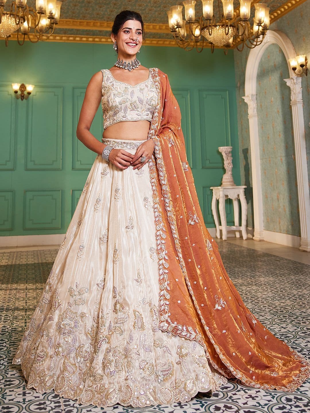 panchhi Embroidered Thread Sequinned Tissue Lehenga Choli With Dupatta - view 1