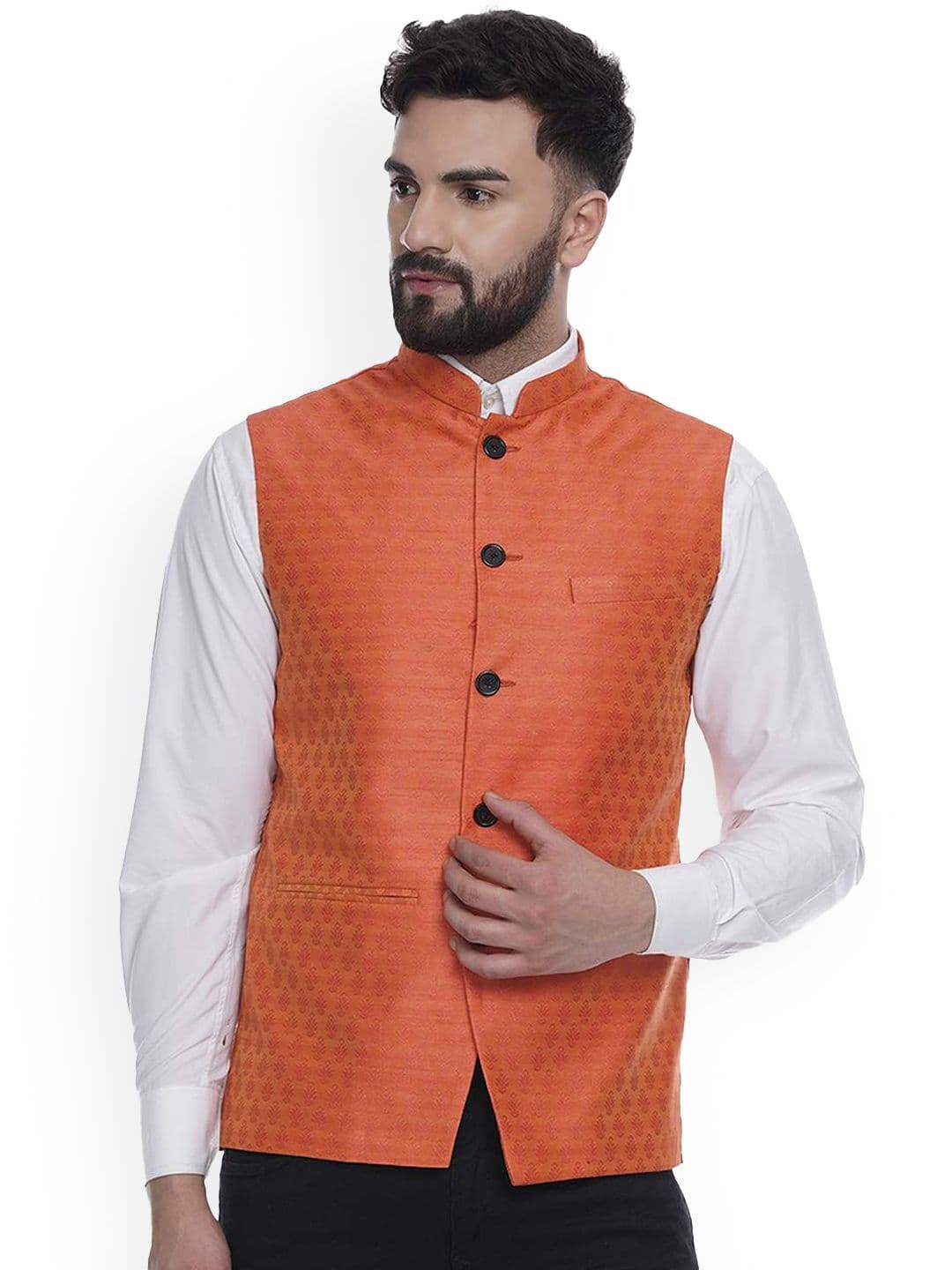 VEERA PARIDHAAN Jacquard Silk Printed Mandarin Collar Nehru Jacket - view 1