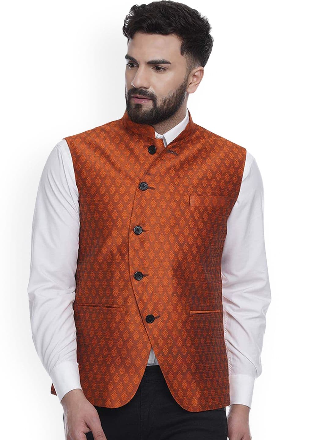 VEERA PARIDHAAN Jacquard Silk Printed Mandarin Collar Nehru Jacket - view 1