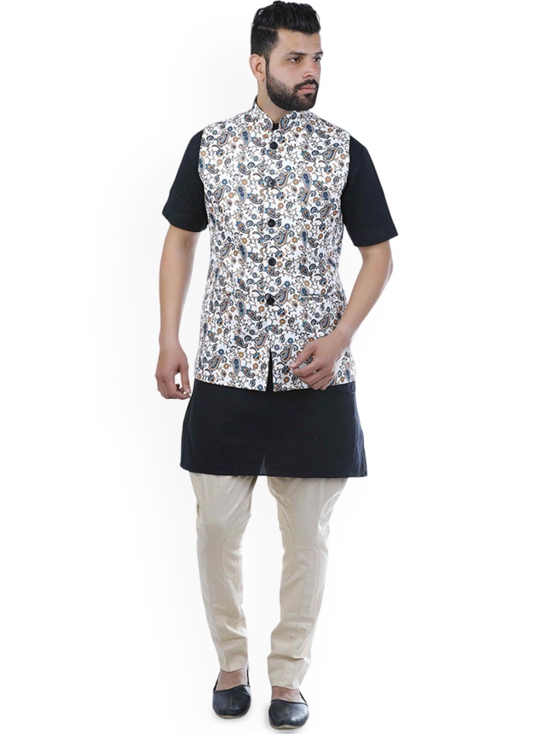 VEERA PARIDHAAN Jute Cotton Printed Chinese Collar Nehru Jacket - view 1