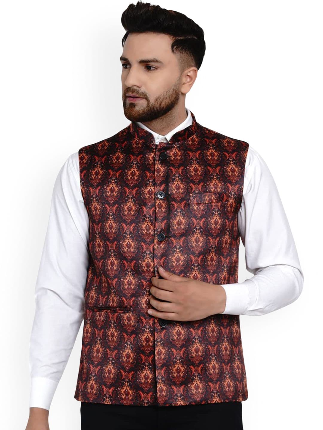 VEERA PARIDHAAN Satin Printed Mandarin Collar Nehru Jacket - view 1