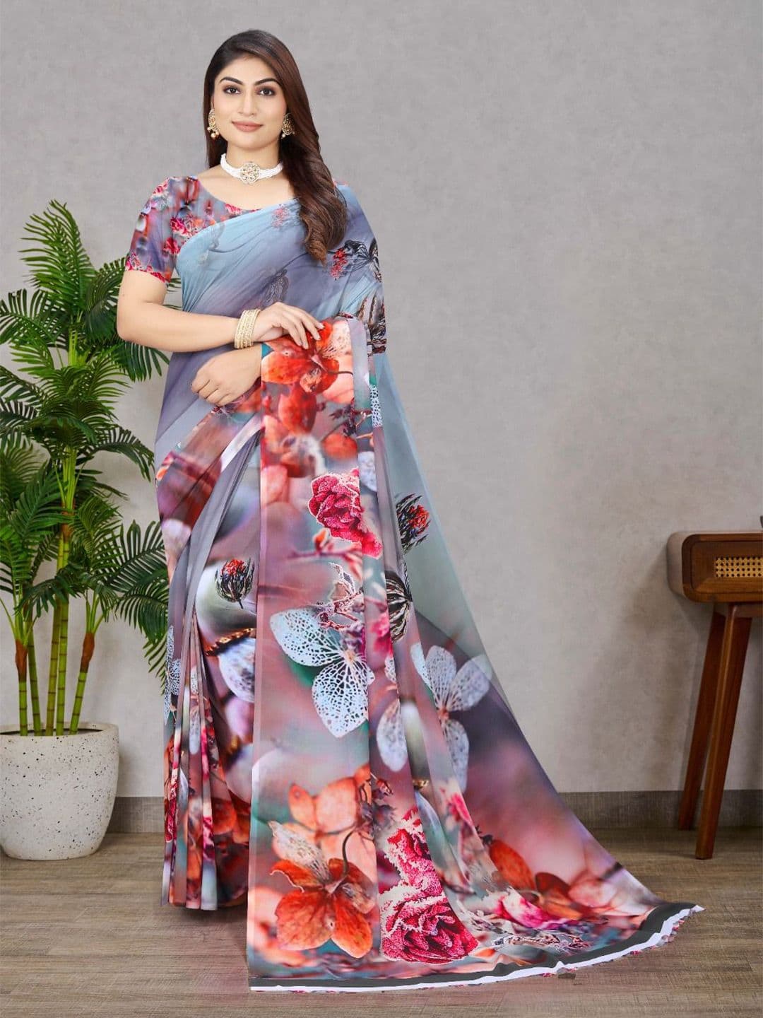 P D Silk Mills Floral Pure Georgette Saree - view 1