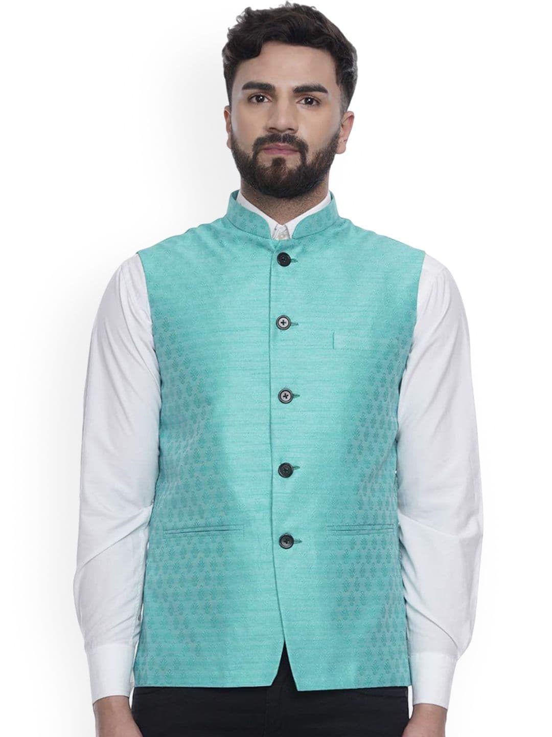 VEERA PARIDHAAN Printed Jacquard Mandarin Collar Nehru Jackets - view 1