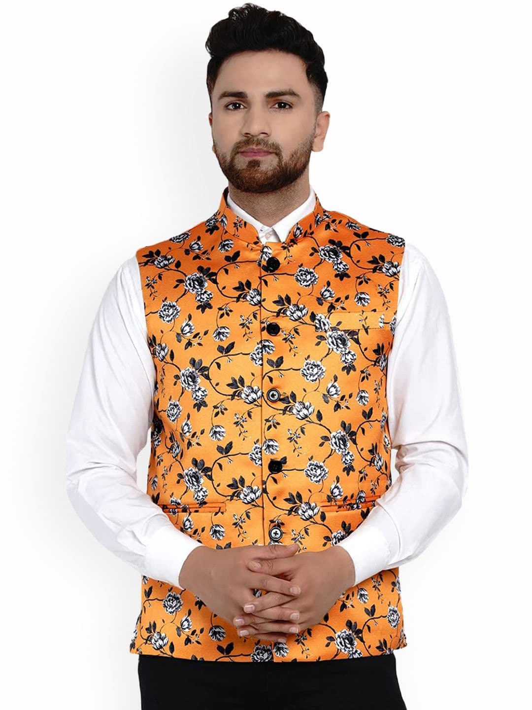 VEERA PARIDHAAN Printed Satin Floral Design Mandarin Collar Nehru Jackets - view 1