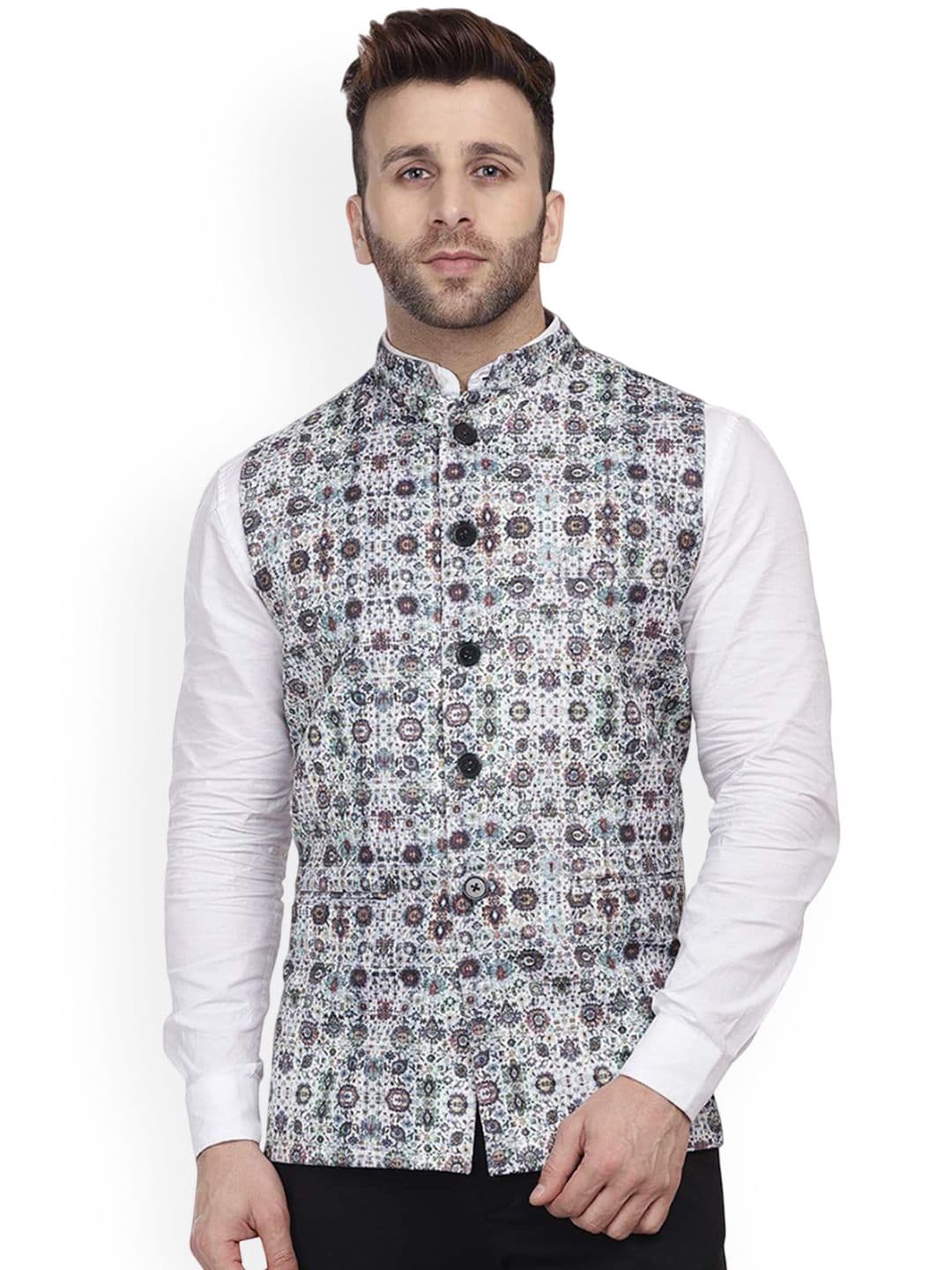 VEERA PARIDHAAN Pure Cotton Printed Mandarin Collar Nehru Jacket - view 1