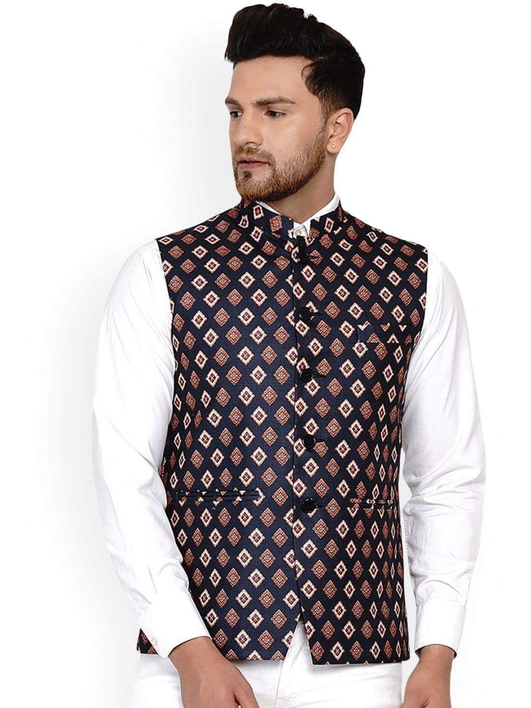 VEERA PARIDHAAN Pure Cotton Printed Mandarin Collar Nehru Jacket - view 1