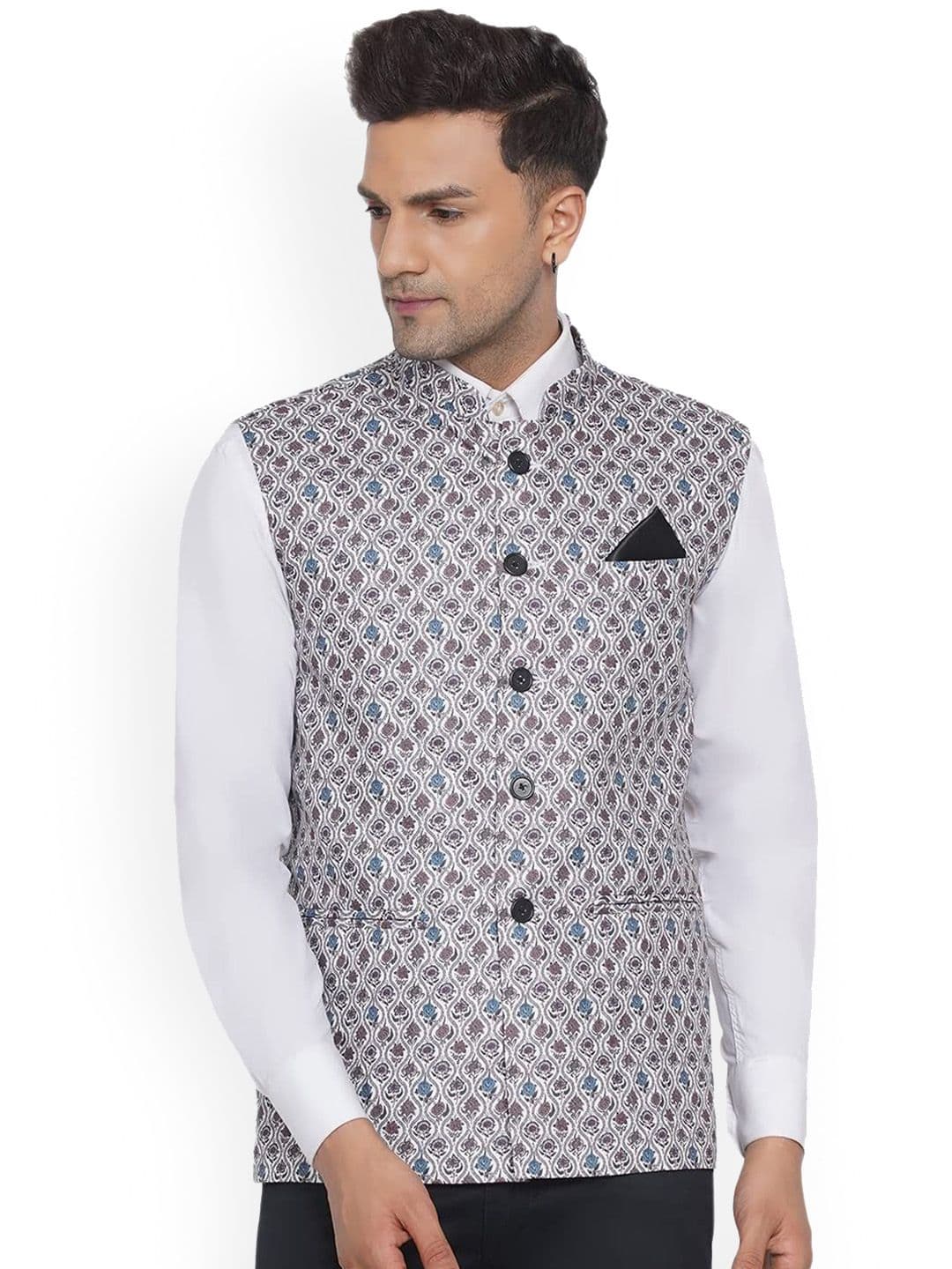VEERA PARIDHAAN Cotton Printed Mandarin Collar Nehru Jacket - view 1