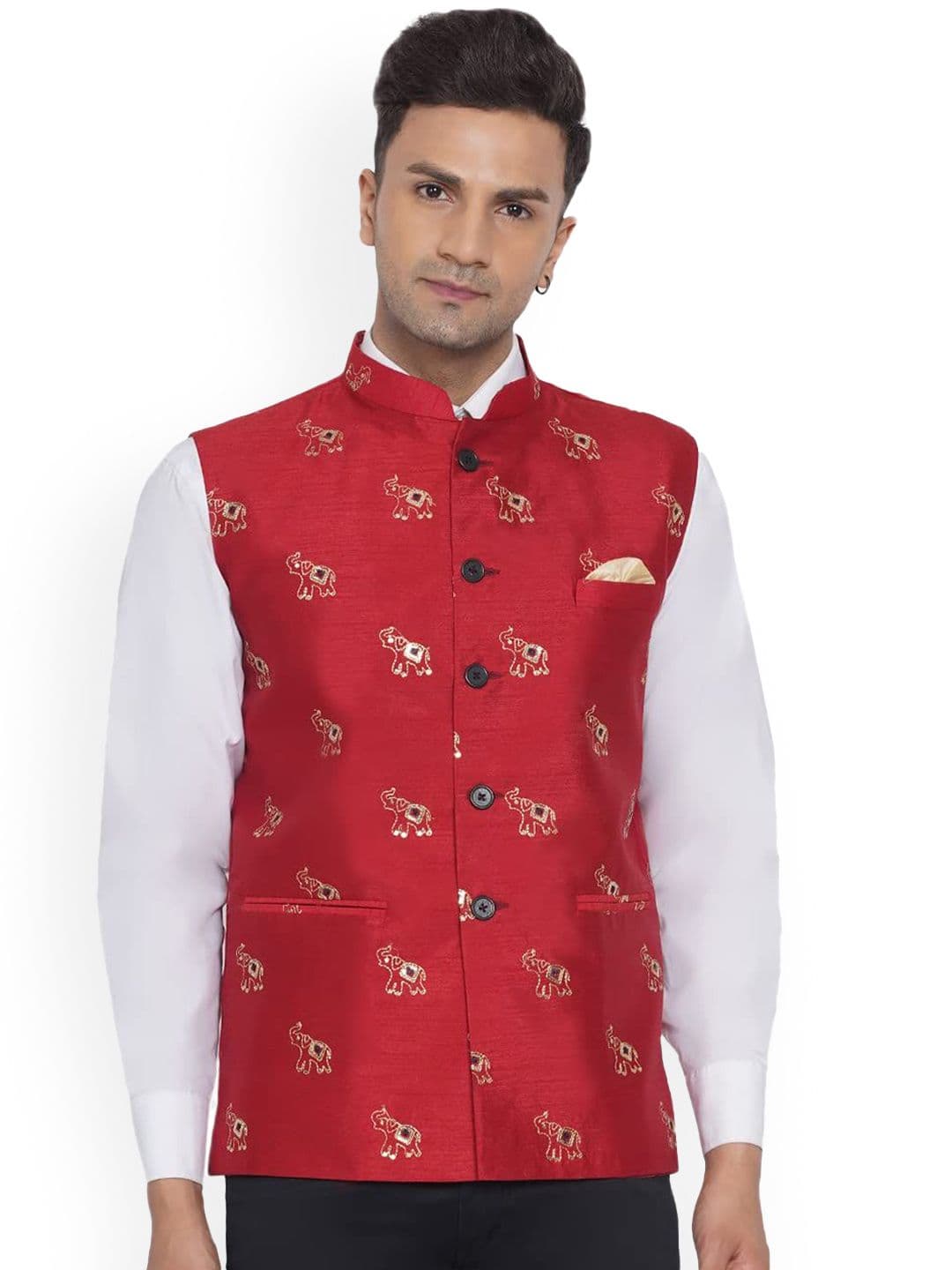 VEERA PARIDHAAN Jacquard Silk Printed Mandarin Collar Nehru Jacket - view 1