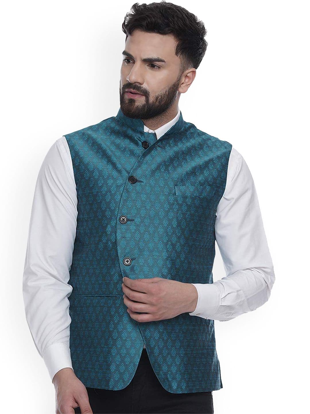 VEERA PARIDHAAN Jacquard Silk Printed Mandarin Collar Nehru Jacket - view 1