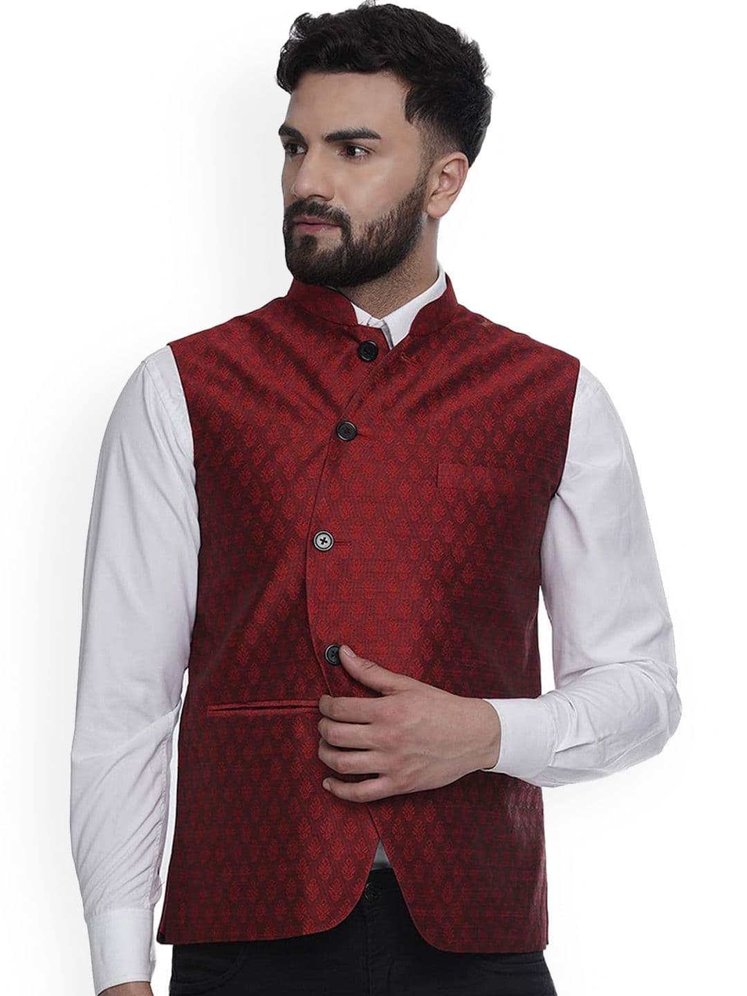 VEERA PARIDHAAN Printed Jacquard Design Mandarin Collar Nehru Jackets - view 1