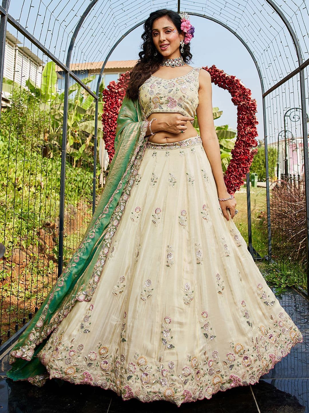 panchhi Embroidered Thread Sequinned Tissue Lehenga Choli With Dupatta - view 1