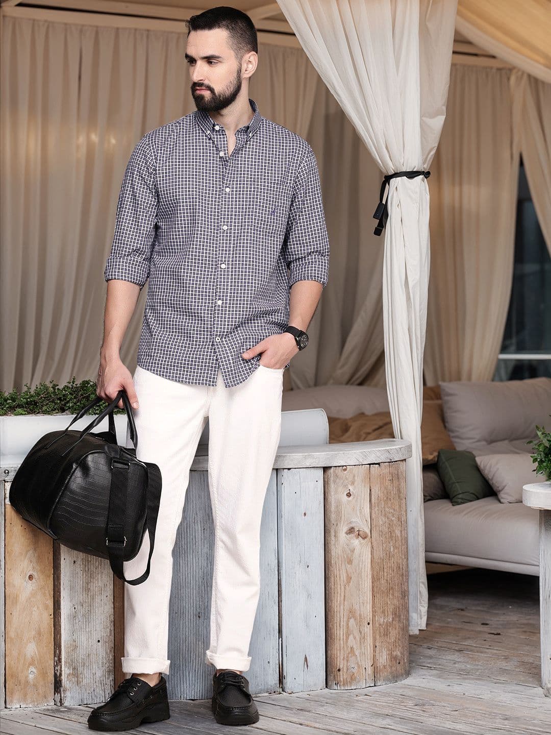 Nautica Pure Cotton Button-Down Collar Checked Slim Fit Casual Shirt - view 1