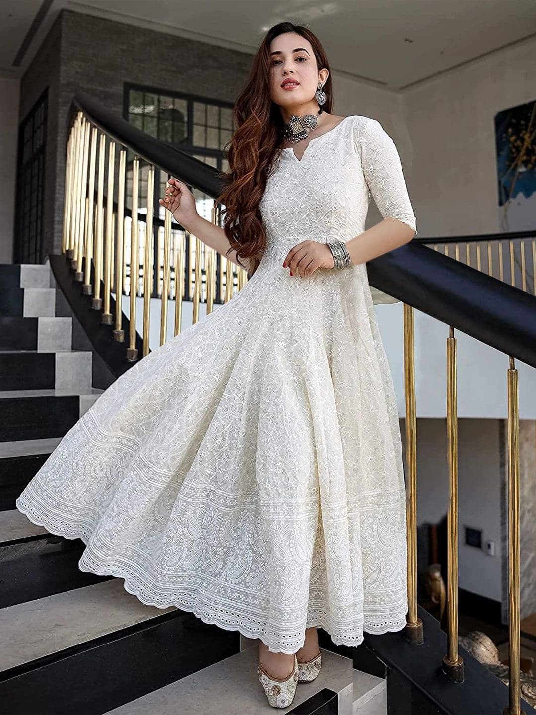 Lookmark Chikankari Embroidered Flared Ethnic Dresses - view 1