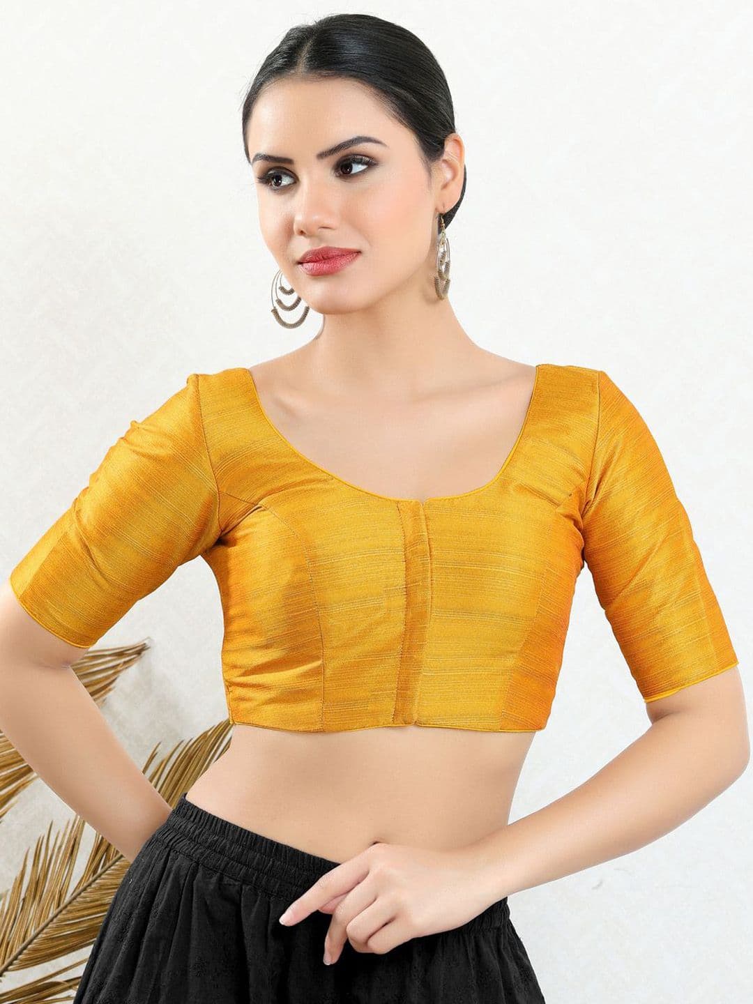VAMAS - THE DESIGNER BLOUSES Women Mustard Silk Solid Elbow Sleeve Readymade Saree Blouse - view 1