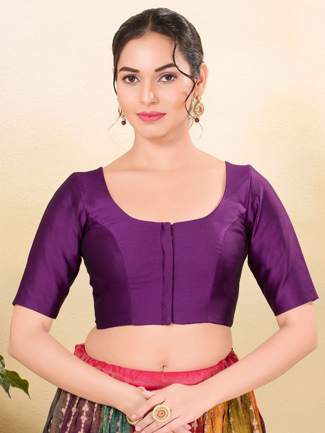 VAMAS - THE DESIGNER BLOUSES Women Purple Silk Solid Elbow Sleeve Readymade Saree Blouse - view 1