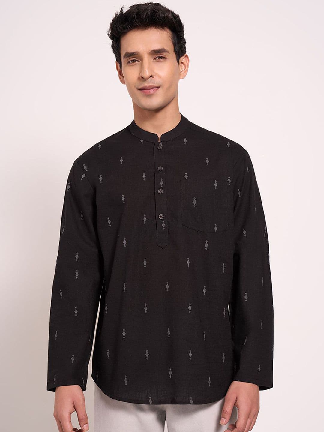 indus route by Pantaloons Geometric Mandarin Collar Roll-Up Sleeves Pure Cotton Kurta - view 1